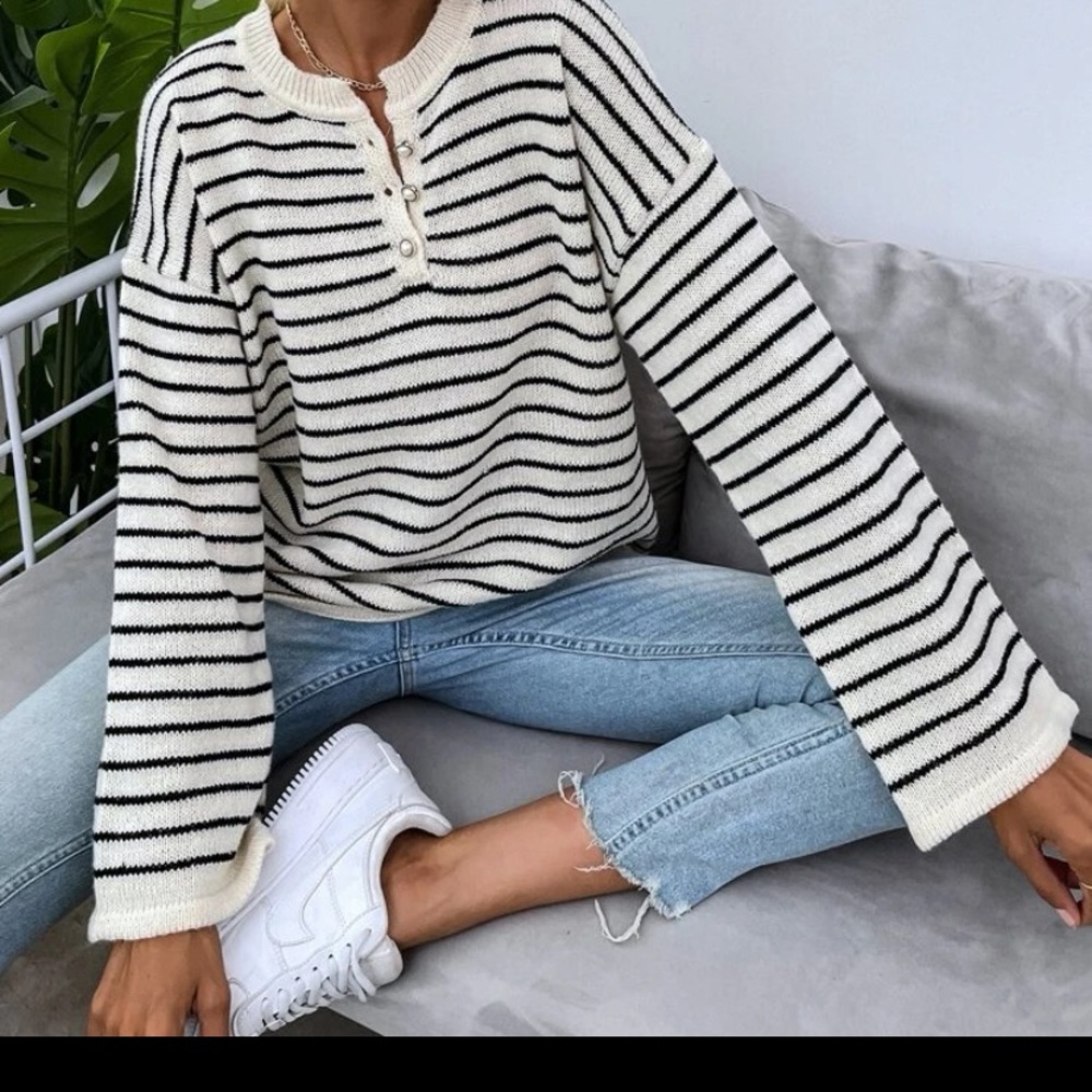 Frenchy Striped Drop Shoulder Button Front Sweater